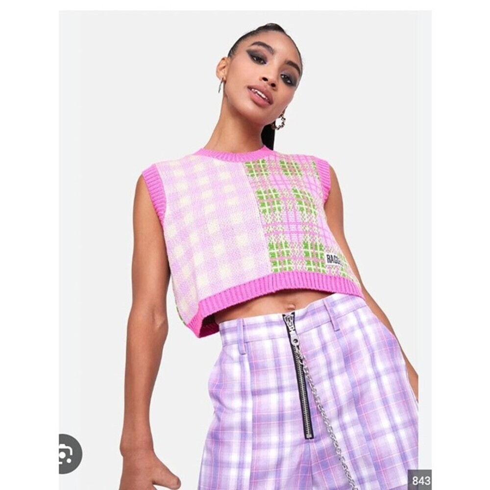 Ragged Jeans Lyric Sweater Vest Womens Medium Pink Patchwork Plaid Knit Cropped